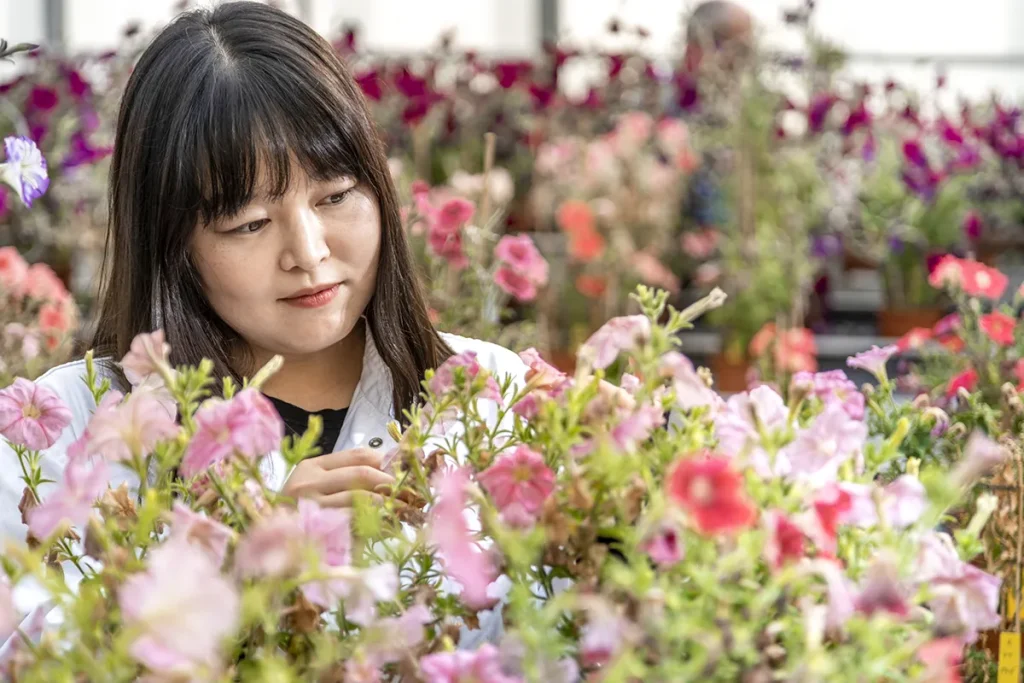 Een vrouw met lang donker haar en pony draagt een witte jas en onderzoekt roze en paarse bloemen in een kas. De achtergrond is gevuld met verschillende kleurrijke bloemen en wazig groen. De setting lijkt een onderzoeks- of botanische setting te zijn.