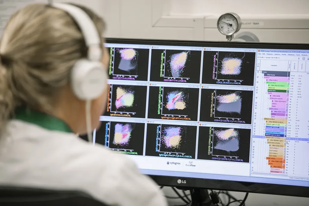 Een persoon met een koptelefoon zit aan een bureau en kijkt naar een computerscherm. Het scherm toont meerdere kleurrijke spreidingsdiagrammen en datavisualisaties. Op de achtergrond zijn laboratoriuminstrumenten en -apparatuur te zien, waaronder een grote meter. Het lijkt erop dat de persoon gegevens aan het analyseren is.