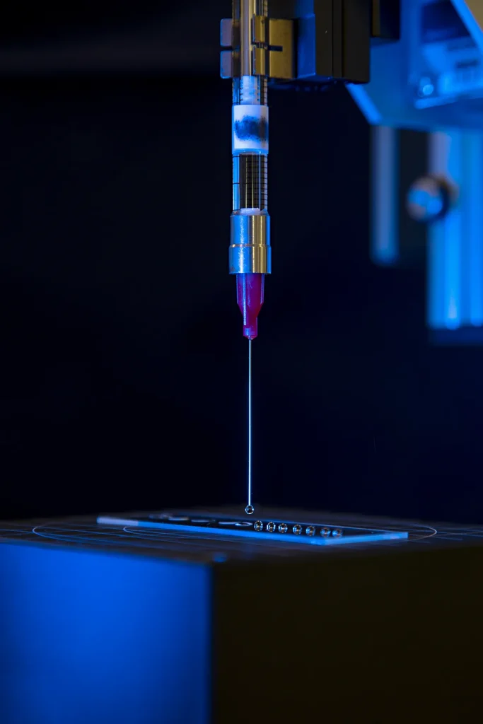 Een uiterst nauwkeurig laboratoriumapparaat geeft een enkele druppel af uit een dunne naald. De druppel hangt boven een oppervlak, klaar om te worden afgezet. De opstelling wordt verlicht met blauwe verlichting, waardoor de metalen en heldere componenten tegen een donkere achtergrond worden benadrukt.