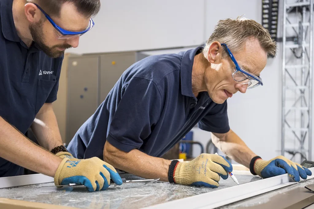 Twee mannen, met een veiligheidsbril en donkerblauwe shirts, werken aan een grote glasplaat. Beiden dragen handschoenen om veilig met het materiaal om te gaan. De man aan de linkerkant concentreert zich op het vasthouden van het glas, terwijl de man aan de rechterkant een stuk gereedschap gebruikt om het glas te snijden. Op de achtergrond is industriële apparatuur zichtbaar.