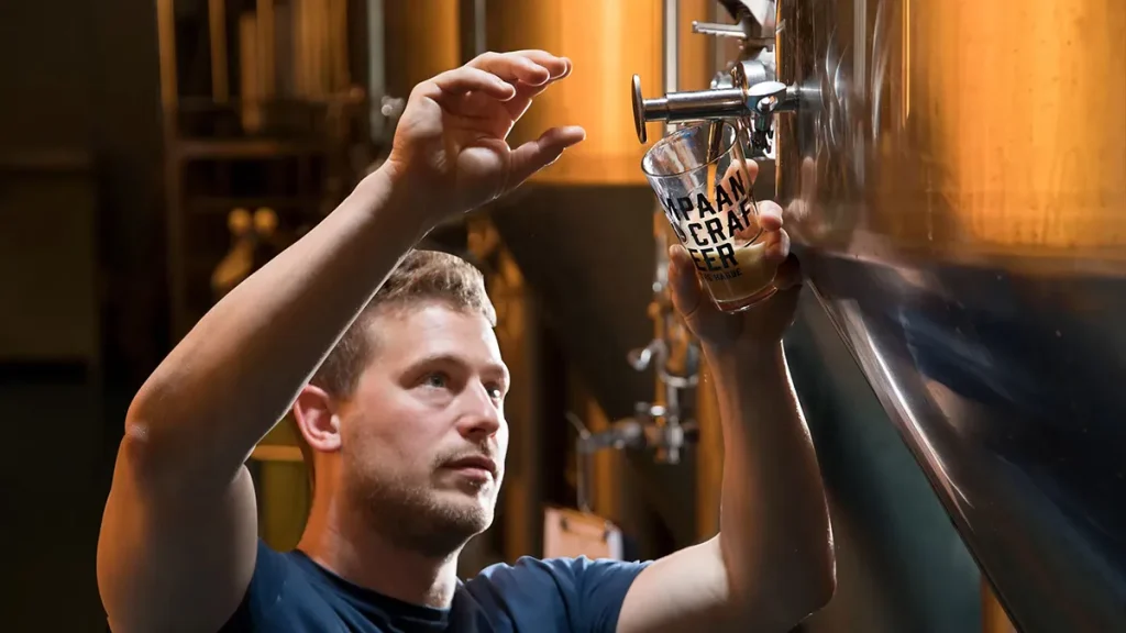 Een man met kort haar, gekleed in een donkerblauw shirt, houdt een glas vast onder een metalen kraan die aan een grote roestvrijstalen tank is bevestigd. Hij lijkt gefocust terwijl hij het glas vult, waarop tekst is gedrukt. Op de achtergrond is wazige industriële brouwapparatuur te zien: perfect voor bedrijfsfotografie.