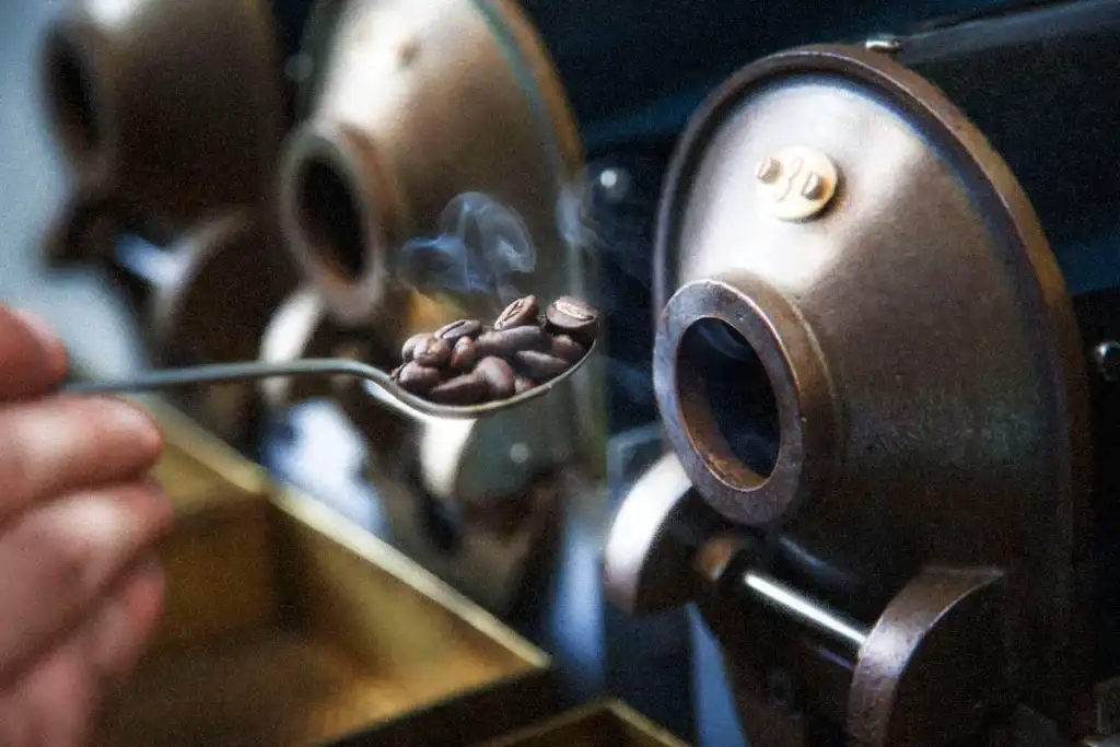 Een hand die een lepel met vers gebrande koffiebonen vasthoudt bij een industriële koffiebranderij, vastgelegd in een prachtig stukje bedrijfsfotografie. De bonen stoten rookslierten uit, wat wijst op hun hoge temperatuur. De machine heeft een metallic, industriële uitstraling met meerdere compartimenten.