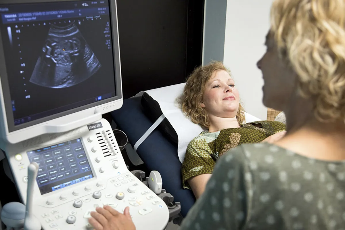 Een vrouw die op een medisch bed ligt, ondergaat een echografieprocedure. Ze kijkt naar de monitor waarop het echobeeld van een baby te zien is. Een medische professional bedient het echoapparaat, met één hand aan de knoppen. Beide individuen lijken gefocust op het scherm en leggen een moment vast dat perfect is voor bedrijfsfotografie.